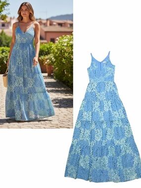 DRESS THE POPULATION NWT Summer Sky Blue Lace Sleeveless Melina Maxi Dress XS